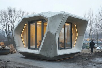 Futuristic prefabricated concrete micro-house glowing warmly in a minimalist urban setting, showcasing innovative and sustainable architecture
