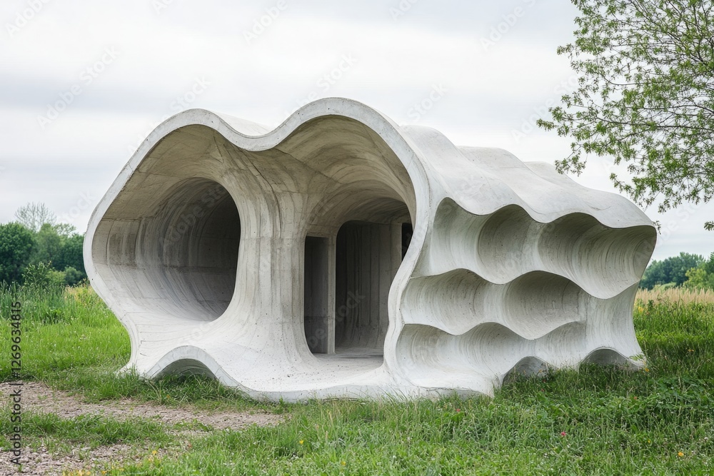 Poster undulating concrete structure standing in a green field, showcasing modern architecture blending wit