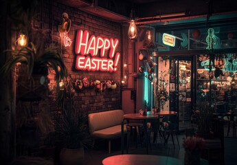 Naklejka premium Festive Neon Easter Sign in Cozy Rustic Cafe Atmosphere