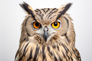 Obraz premium Eurasian Eagle-Owl close-up portrait on a white background.