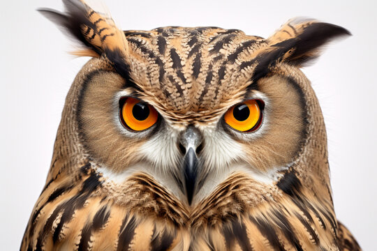 Eurasian Eagle-Owl close-up portrait on a white background. - Powered by Adobe