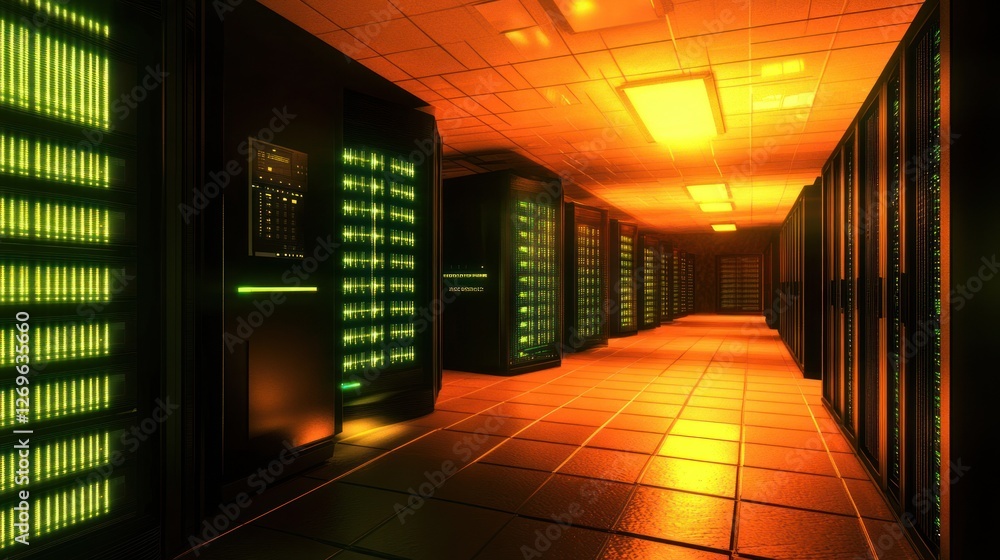 Poster Rows of computer servers illuminated with bright green lights