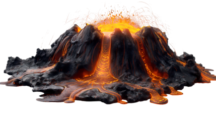 Volcanic Eruption Realistic 3D Lava Flow, Fiery Magma for Nature and Power Themes, isolated on transparent background.