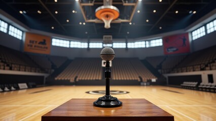 Principal speaking,  Gymnasium motivational banners basketball court robust podium microphone photorealistic.
