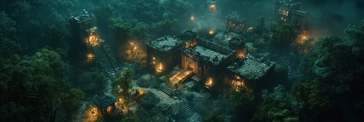 Fototapeta premium Ancient Ruins Illuminated In A Lush Forest At Night