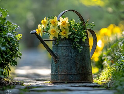 rustic watering can overflows vibrant daffodils and fresh ivy resting on stone garden path lined blooming flowers warm afternoon light.
