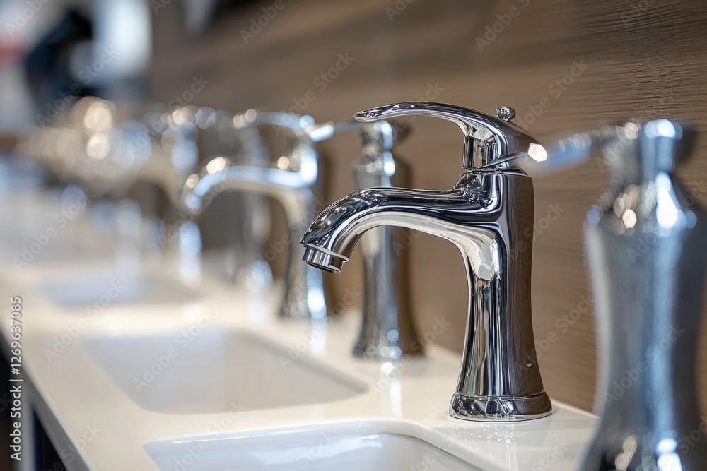 Poster shiny new chrome faucets are lined up on a display sink in a showroom, ready for customers to browse