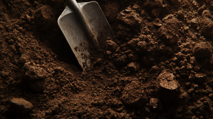 Fototapeta premium Freshly dug soil with shovel in moody light