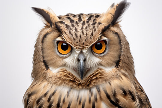 Eurasian Eagle-Owl close-up portrait on a white background.