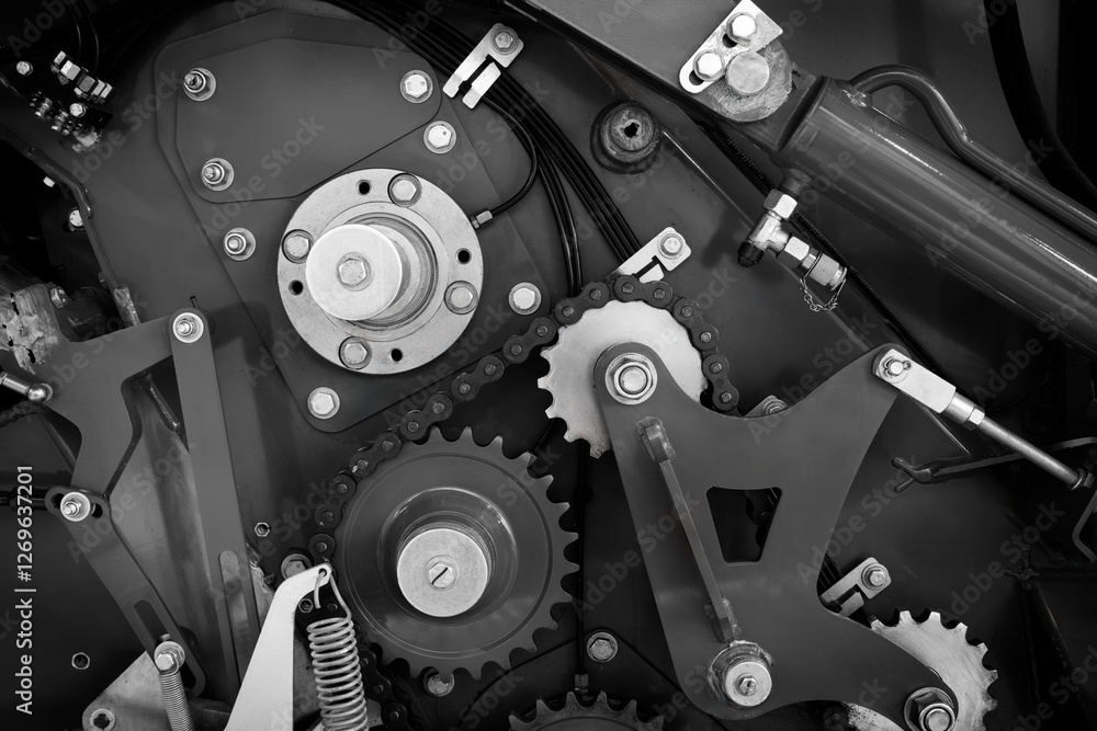 Poster A close up of a machine's gears and chains. Concept of complexity and precision, as the various parts work together to create a functioning mechanism