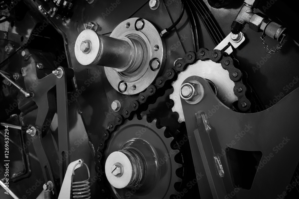 Poster A close up of a machine's gears and chains. Concept of complexity and precision, as the various parts work together to create a functioning mechanism