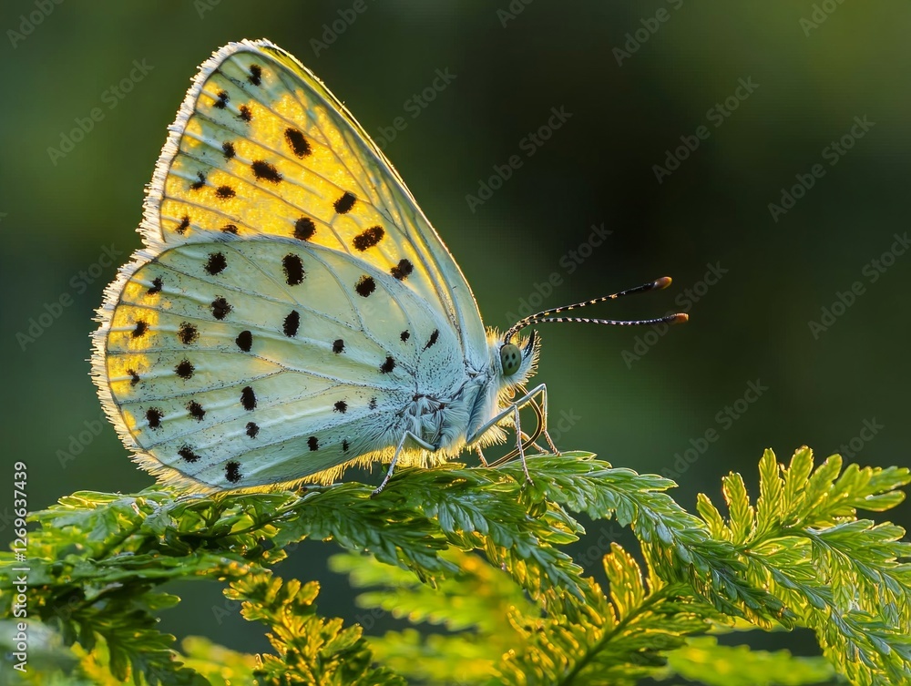 Poster small butterfly delicate partially open wings perches on vibrant fern. sunlight filters through surr