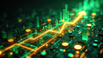 Fototapeta premium Financial growth chart with neon green data points on a circuit board background.