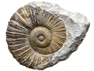 Ammonite fossil discovery on natural stone surface isolated on transparent background