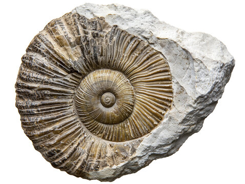 Ammonite fossil discovery on natural stone surface isolated on transparent background