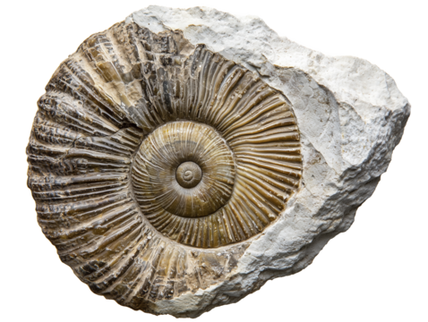 Ammonite fossil discovery on natural stone surface isolated on transparent background