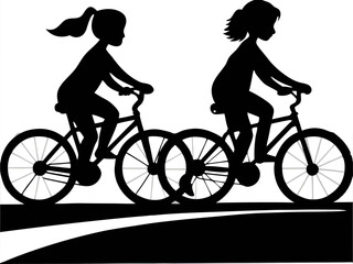 Obraz premium Silhouette of two girls riding bicycles on a curved path