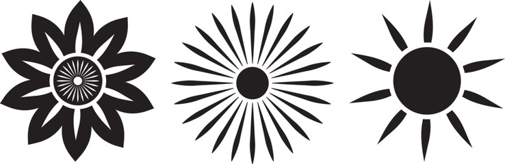 a set of black and white flowers on a white background