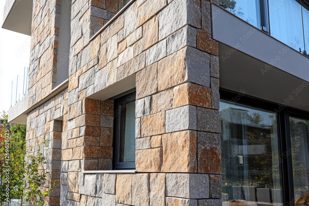 Poster contemporary architecture showcasing a blend of textured stone cladding and sleek window frames