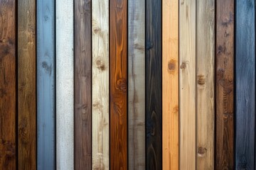 Display of colorful wooden planks presenting a variety of wood finishes, creating an interesting visual pattern