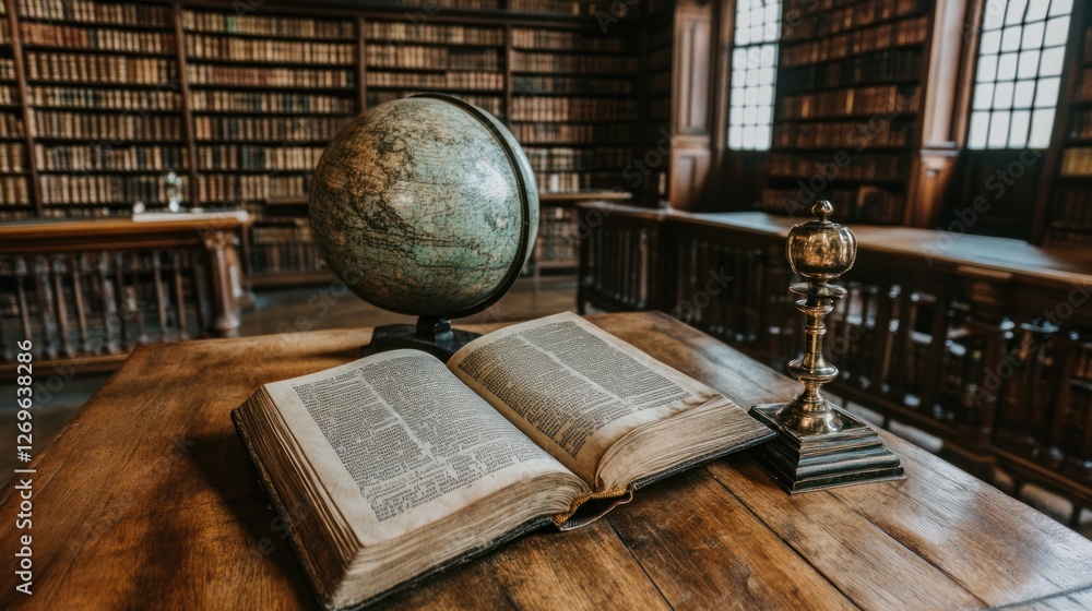 Poster old book and globe on wooden table in library