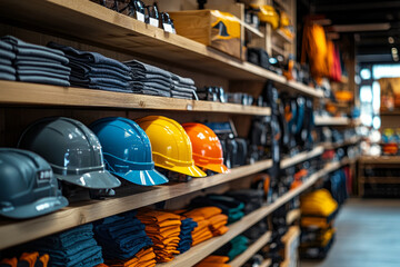 Workwear store displaying colorful hard hats and shirts, emphasizing workplace safety