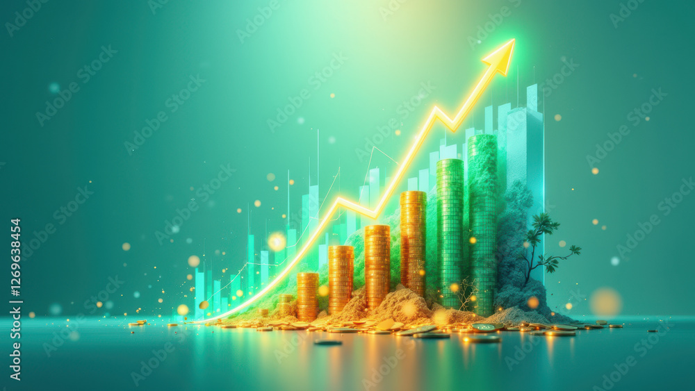 Poster image showing financial success with floating charts above coins on a water surface.