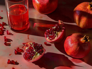 A sliced pomegranate with sparkling juice spilling out, representing its rejuvenating effects for skin and heart health.