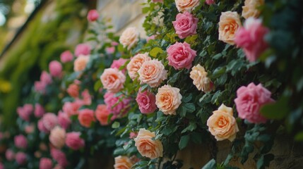 Fototapeta premium Pink and yellow roses on wall