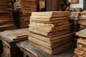 Wooden planks stacked neatly, showcasing the natural beauty and texture of timber in a carpentry workshop