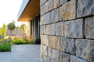Stone wall cladding adds a touch of elegance to a modern house exterior, complementing the landscaped garden