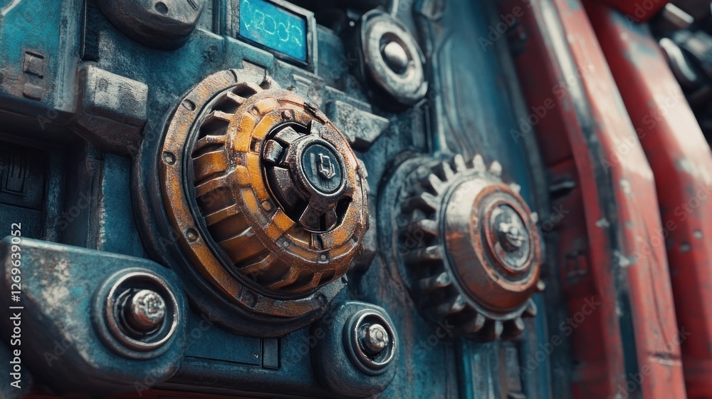 Poster Rusted metallic panel with intricate gears and display
