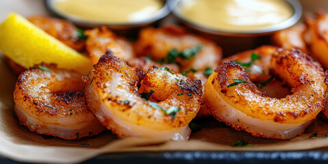 Roasted calamari slices with lemon and sauce. AI generative.