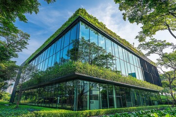 Fototapeta premium Glass Building with Green Roof and Trees