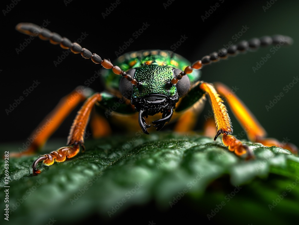 Poster close up reveals emerald green beetle crawling on leaf its shiny shell reflecting sunlight while surrounded softly blurred garden background creating serene atmosphere.