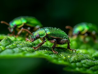 Fototapeta premium vibrant emerald green beetle explores surface of green leaf its glimmering shell reflecting sunlight. background features soft blur of garden foliage.