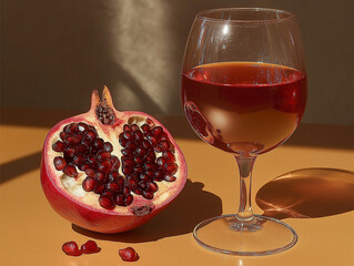 A sliced pomegranate with sparkling juice spilling out, representing its rejuvenating effects for skin and heart health.