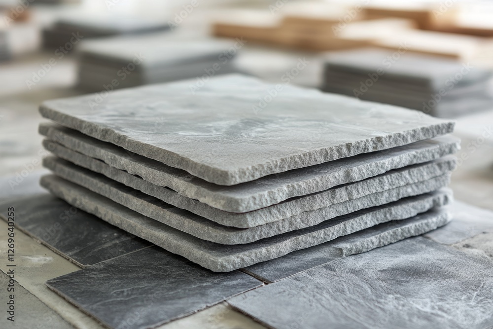 Poster grey stone tiles stacked high, showcasing their texture and edges in a workshop setting