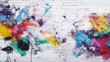 Fototapeta premium Vivid Graffiti Art on White Brick Wall, Urban Environment, Street Art, Colorful Background, Creative Viewpoint