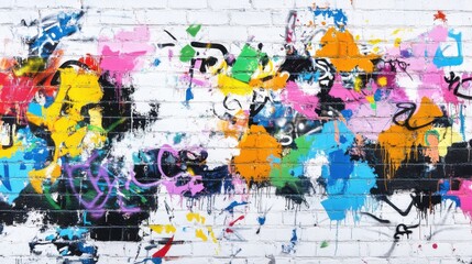 Fototapeta premium Vibrant Graffiti Art on White Brick Wall, Urban Street, Digital Artwork, Colorful Expression, Eye-Level Perspective