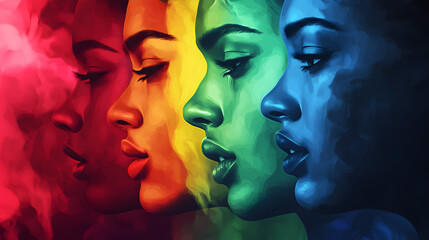 Fototapeta premium Vibrant abstract art showing diverse female profiles with rainbow colors, colorful faces, artistic portrait, diversity concept, multicolor creativity, artistic expression, digital artwork