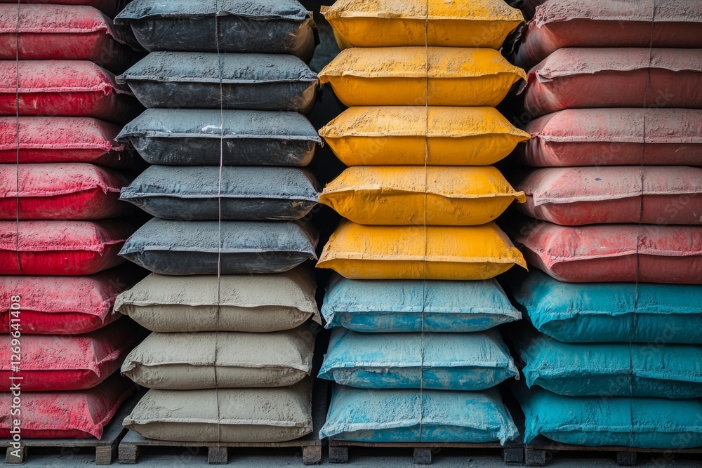 Poster stacks of colorful pigment sacks sitting on pallets in a warehouse, ready for distribution and use i