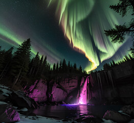 Breathtaking scene of the Northern Lights dancing over a frozen lake in a remote wilderness.generative ai