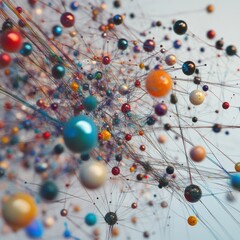 Colorful spheres connected by web of thin threads in abstract space