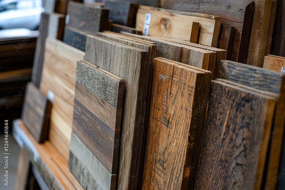 Aufkleber wooden boards showing different textures and colors are displayed in a hardware store, offering a wi