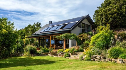 Sustainable Home: Modern House with Solar Panels and Lush Garden View