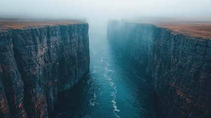Misty fjord cliffs, ocean waterway, aerial view, dramatic landscape, travel