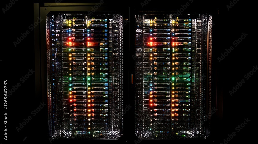 Poster two server racks filled with blinking colorful lights are shown