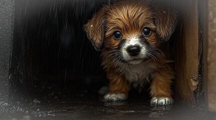 A puppy pet i the rain 