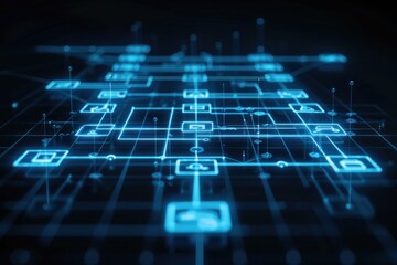Structured organizational chart displayed on a black background with soft lighting creating depth and a modern look